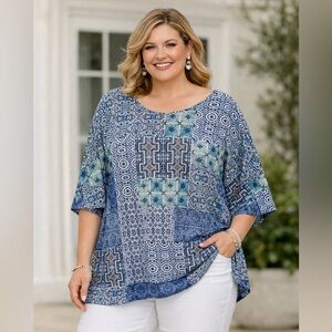 Avenue Blue Patterned Women's Top